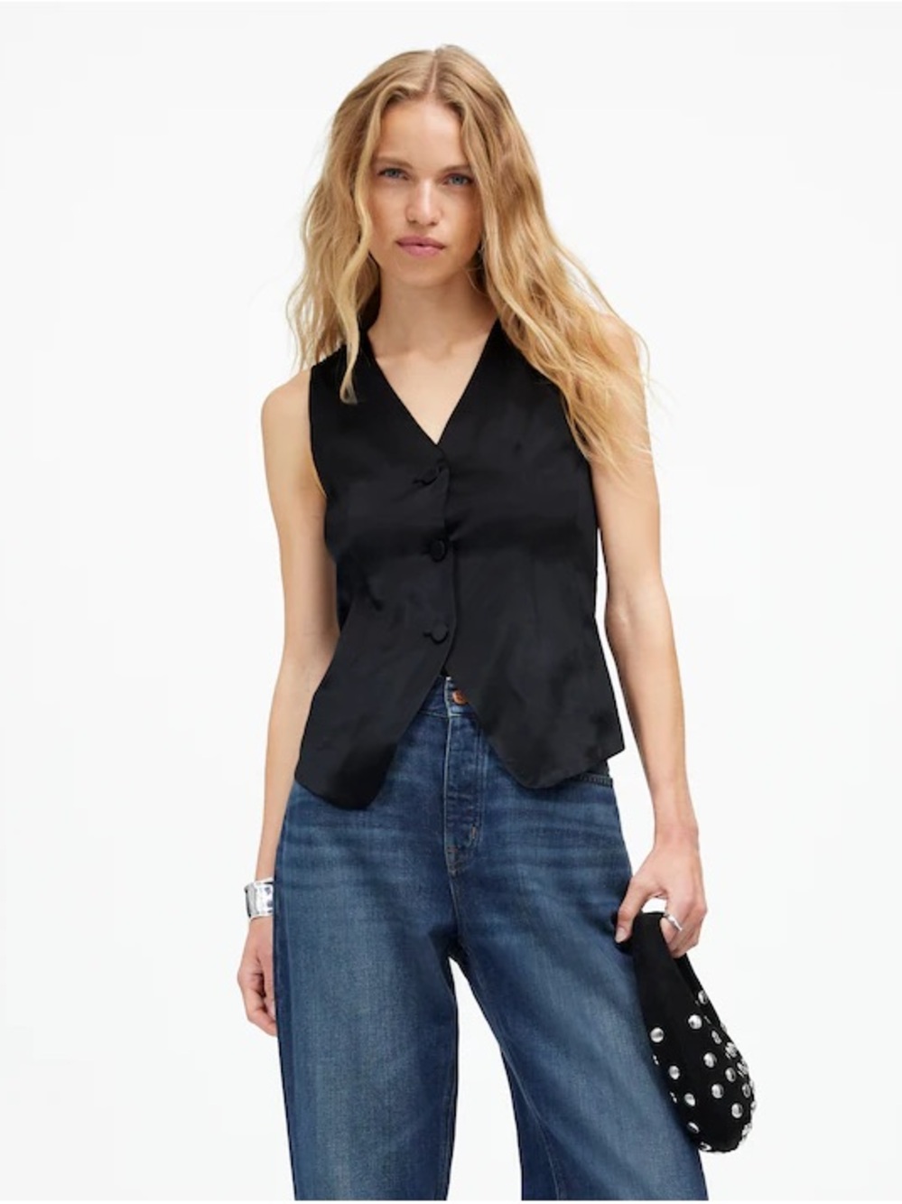 Madewell Satin V-Neck Button Front Sleeveless Top - Black